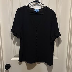 CeCe Black Buttoned Blouse with Short Sleeves
